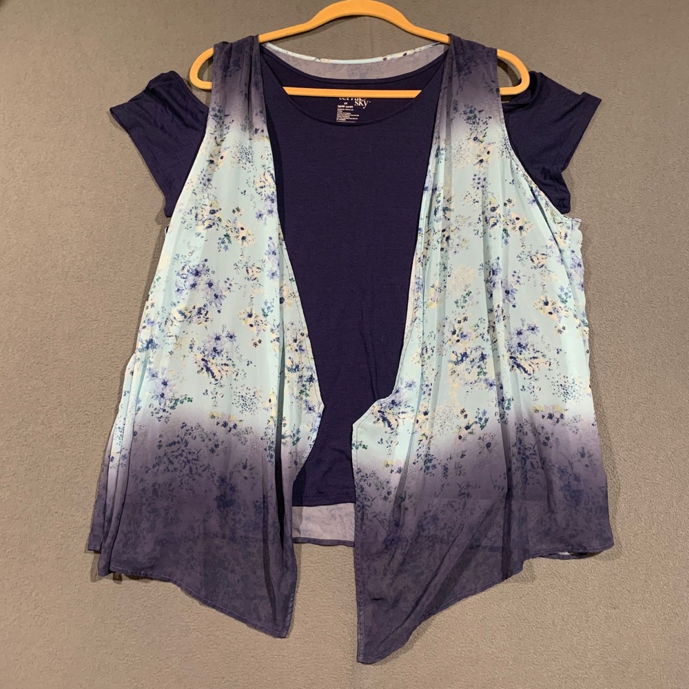 Terra & Sky 2-Piece Top Set Womens 2X Blue Floral Cold Shoulder Ombre Vest Boho